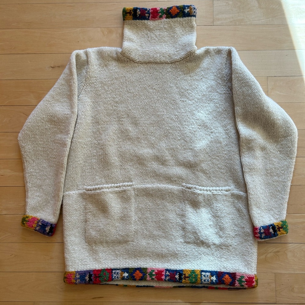 Amano 100% Wool Hand-Knit Funnel Neck Sweater Cream w/ Colorful Accents Size M/L